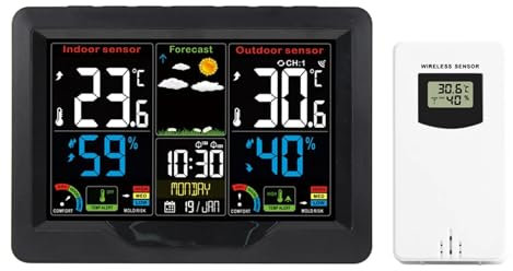 Stazione Meteorologica, Orologio della stazione meteorologica digitale Misuratore di temperatura e umidità for interni ed esterni Previsioni meteo Orologio da tavolo elettronico wireless , Stazione Me