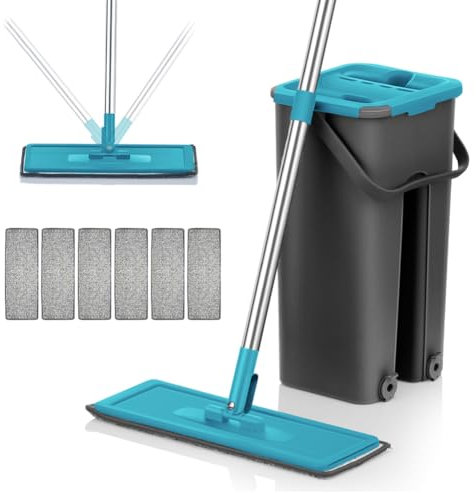 Mopa Multifuncional para Azulejos Paredes y Suelos con Cubo Escurridor Sistema Autoescurrible Cepillo 6 Almohadillas de Microfibra Trapeador Escurre Fácil Mop Ventanas Limpieza Tarima Atrapa Polvo