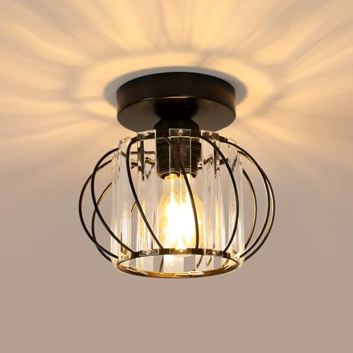 Goeco Plafonnier Cristal, E27 Lampe de Plafond Moderne, Lustre Industriel Vintage avec Abat-jour en forme de Cage pour Entrée Couloir Chambre Salon, Noir