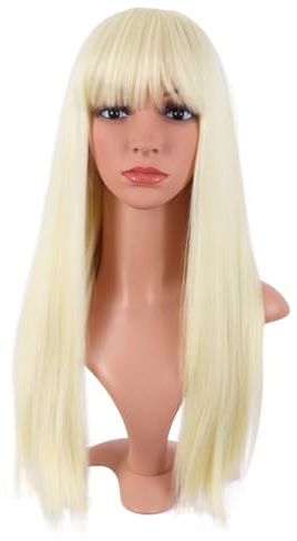 MapofBeauty 24 Pulgada/60 cm Largo Lacio Peluca Con Flequillo Sintética Cabello Heat Resistente Para Fiesta de Cosplay (Oro Claro)