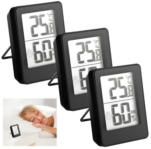 Digital Room Thermometer Indoor, High Accuracy Hygrometer Humidity Meter with Comfort Indicator, Mini Temperature Monitor for Baby Nursery, Greenhouse, Home, Office (Black, 3 Pack)