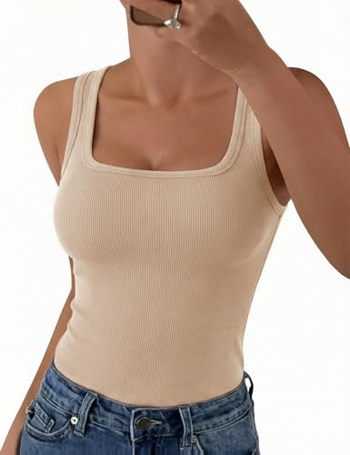 Aottori Canotta Donna Senza Maniche Canottiera con Scollo Quadrato Elegante Top Costine Estive Camicetta Aderente Elasticizzata Camisole Sexy Beige M