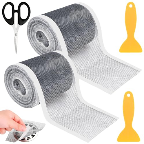 XSHAO 2 stycken hårsil duschränna, 10 cm x 10 m hårfångare dusch limning avlopp sil duschränna med plastspatel och sax för badrum, badkar, kök