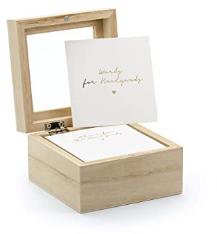 PartyDeco Wooden Guest Book Box with 110 Advice Cards – Unique Wedding Guest Book Alternative, White Cards with Gold Inscription for Advice and Wishes, 9.5 x 9.5 x 6 cm