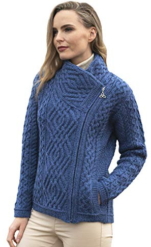 Aran Crafts femme Cardigan glissiere laterale en laine tricotee irlandaise (Z4630-MED-MBLU),M,Bleu