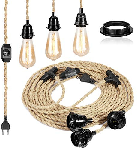 GreenSun Douille E27 Vintage avec Interrupteur et Prise Câble en Chanvre 6.8 m pour Suspension DIY Lustre Lampe de Plafond Lampadaire Rétro