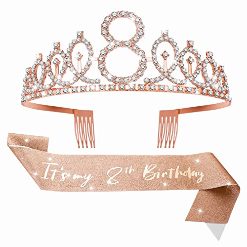 Abeillo Écharpe et diadème « It's my 8th Birthday » pour filles, couronne d'anniversaire or rose 8 et fabuleuse écharpe en satin pour 8e anniversaire