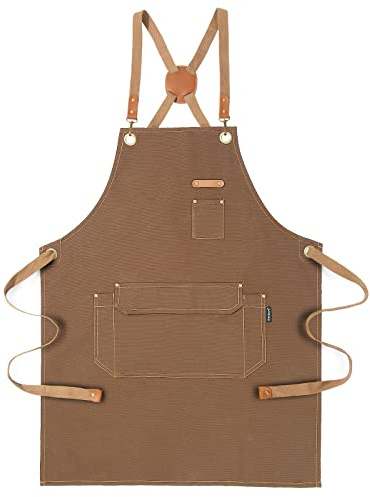 Chef Apron for Men Women with Gift Box Pack, Cross Back Apron with Pockets for Kitchen Cooking Baking Artist Painting, Cotton Canvas Work Aprons for Shop, Garden, Restaurant, Cafe (Brown, M to XXL)