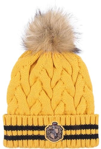 Gorro Tricot de Harry Potter - Color Amarillo - Talla Única para Adultos - Sombrero con Pompón y Escudo de la Casa Hufflepuff - Producto Original Diseñado en España