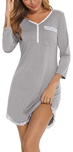 Maglie Pigiama con Pizzo da Donna, Camicie da Notte in Cotone, Comodo Abbigliamento da Notte per tutte Stagione,3/4 Maniche-Grigio Leggero/S