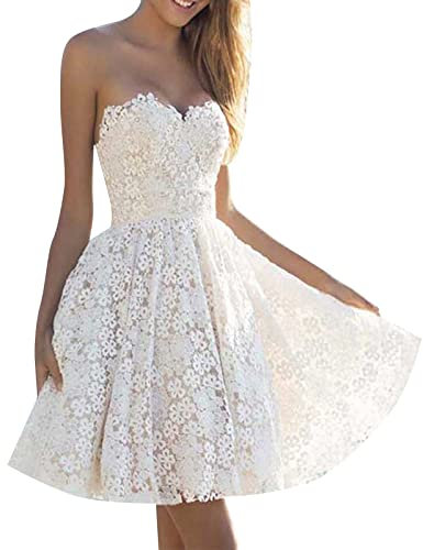 KIMODO Abendkleid Für Hochzeit Damen Spitze A Linie Kurz Elegant Mini Partykleid Hochzeitsgast Festliches Kleid Frauen Ärmellos Party Abendkleider(Weiß，L)