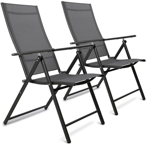 SUNMER Folding Garden Chairs - Set of 2 High Back, 7-Position Reclining Sun Lounger - 120kg Heavy Duty Capacity, Lightweight 5.1kg Portable Design - Professional Outdoor Recliner Seating - Grey
