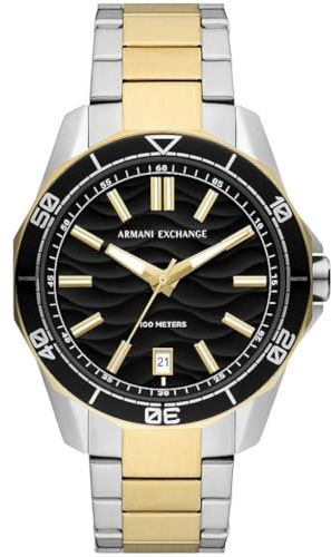 Armani Exchange Orologio per uomo, Movimento al quarzo con data a tre lancette e cassa da 44 mm con cinturino in acciaio o silicone, Tono argento e tono oro