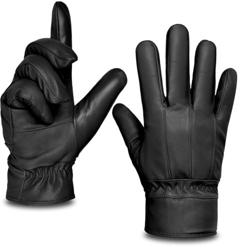 Harssidanzar Herren Lederhandschuhe Lammfell Touchscreen Handschuhe Fell gefüttert Winter Warm Fahren Lederhandschuhe SM043EU,Schwarz,Größe M