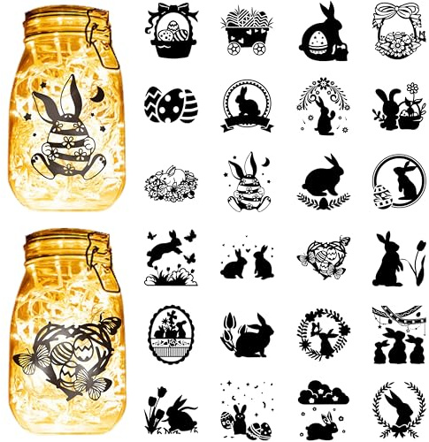 CREATCABIN 24Pcs Easter Rabbit Silhouettes Mason Jar Decor Laser Cut Cardboard Bunny Scrapbook Cutouts Die Cuts Embellishments PVC for Crafting Lantern Jars Wall Painting Windows Glass-No Sticker