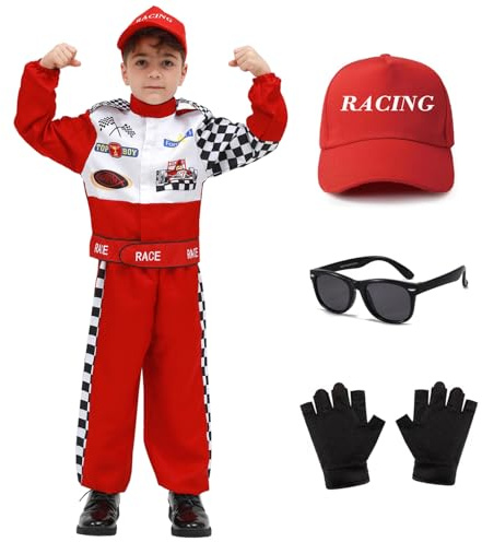 Aroacle Race Car Driver Costume Boys Racing Suit with Car Cap Sunglasses Kids Racer Dress Up for Halloween (Red, 4-5T)