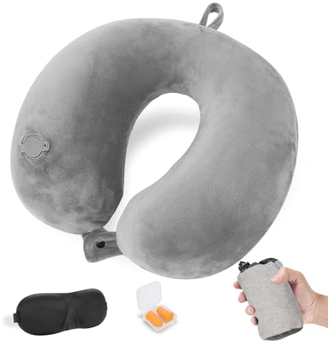 Cirorld Nackenkissen Flugzeug Aufblasbar, Reisekissen Flugzeug Nackenkissen, Nackenhörnchen Erwachsene, Aufblasbares Nackenkissen Reise mit Augenmaske und Ohrstöpsel(Grau)