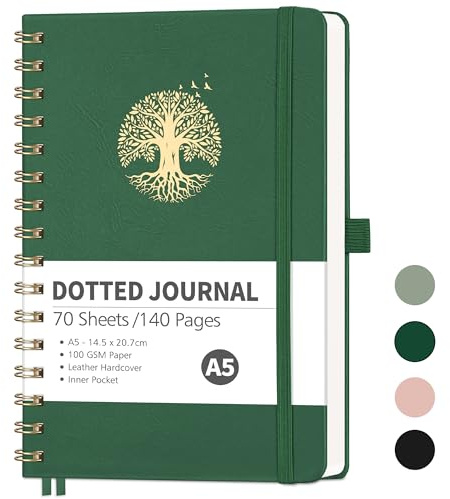 RETTACY Notebook A5 Bullet Dot Journals - Hardback leather Grid Dotted Journal,Spiral Sketchbook 140 Pages Notepad for Work School,100gsm Thick Paper,Bookmark, Stencils, Inner Pocket - DarkGreen