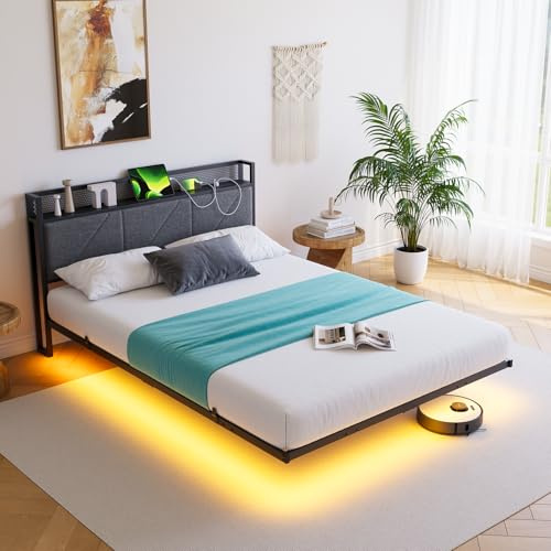 HAHRIR Floating Double Metal Bed Frame with LED Lights & USB Charging Station, 135×190cm Metal Platform Bed Frame with 4ft6 Upholstered Headboard Storage，Heavy Duty Metal Slats, Noise Free/Black
