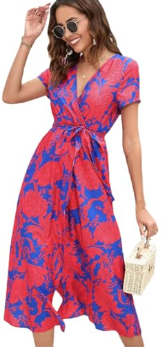 Lazz1on Vestito Estivo Donna Lungo Elegante Manica Corta Abiti Scollo a V Boho Maxi Abito Spiaggia