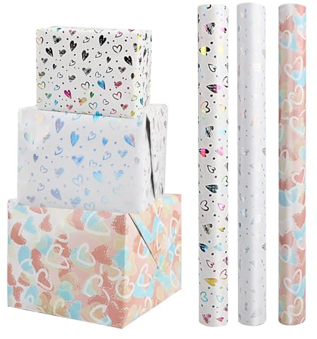 Papel de Regalo con Corazones 3 rollos 43cm×3m – Corazones Plateados de Colores Arcoíris ideal para Cumpleaños Navidad y Pascua