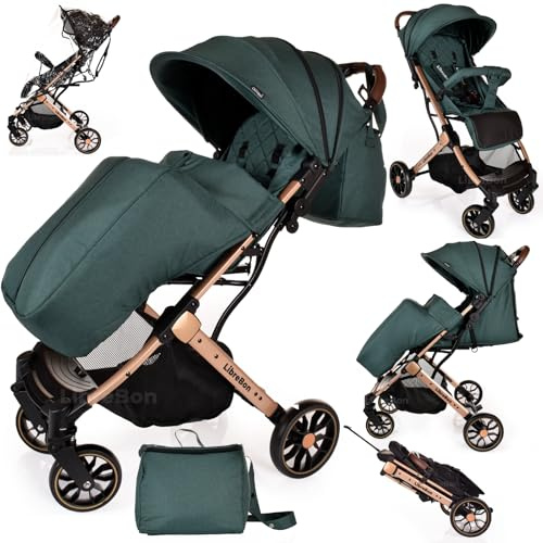 Baby Pushchair, Lightweight Stroller, Compact Travel Buggy, One Hand Foldable, Five-Point Harness, Foot Cover, Mommy Bag, Rain Cover, All Year Round (Green - Rose Gold Frame)