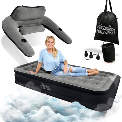 Burgwerk Premium Luftbett selbstaufblasend 1 Person | Vielseitiges 3in1 Gästebett & Luftbett mit Rückenlehne | 200x100cm Single Size | aufblasbare Matratze mit Pumpe | Luftmatratze selbstaufblasend