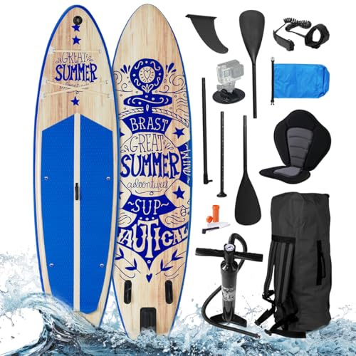 BRAST SUP Board Summer | Aufblasbares Stand up Paddle Set | 320x81x15cm viele Modelle | 5 Jahre Garantie | inkl. Sonderzubehör | 2in1 Paddel Kajak-Sitz Action-Cam-Halterung Fußschlaufe | Natural Blau