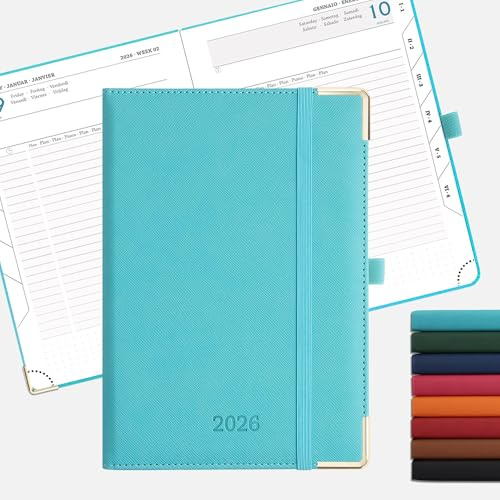 IN-LUXPRO Kalender 2026 Tagesplaner 21,5 x 15cm Tageskalender 1 Tag 1 Seite (Montag - Sonntag), Terminplaner(Jan.2026-Dez.2026) Buchkalender mit 80GSM Papier & Stiftschlaufe Vegan-Leder Hellblau