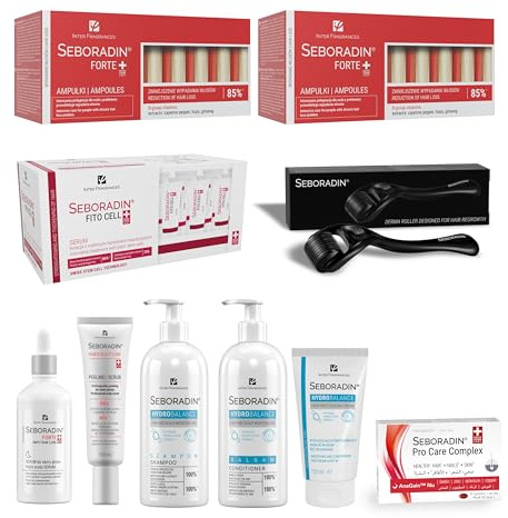 SEBORADIN Maria Red Set Pro – Derma Roller – Ampollas Forte – Sérum Fito Cell – Suero para el cuero cabelludo – Exfoliante para el cuero cabelludo – Champú acondicionador – Crema para el cabello