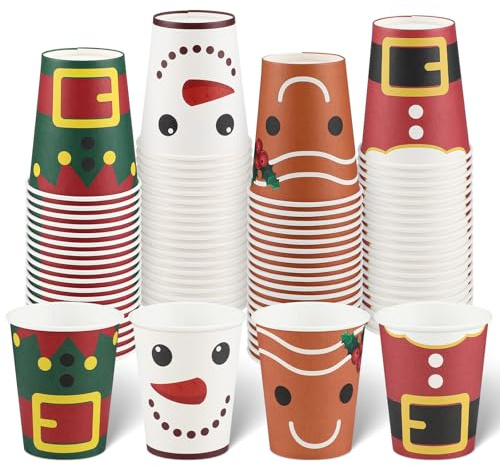 NatNarr 100 Pack Christmas Paper Cups, 9 oz Disposable Paper Coffee Cup Cute Drinking Cup for Hot Cold Tea Drinks Party Supplies, 4 Styles