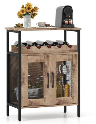 COSTWAY Armario Bar de Vinos, Armario para Licores en Casa con Estante Extraíble para Vinos y Portavasos, Armario Bar de Café con Almacenaje, Aparador Industrial con Puertas para Cocina (Nogal)