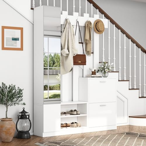 135*25*180cm Garderoben-Set mit Spiegel, Flurschrank, Hängeschrankregal, Kompaktgarderobe, Mit 2 unteren Klapptüren-Schuhschränken + 2 Aufbewahrungsschränke, Geeignet für Türöffnungen, Flure,Weiß