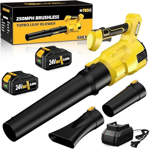 Soplador de Hojas, 21V Soplador de Hojas Sin Escobillas con Baterías de 8000 mAh, 22.000RPM, 257 km/h, 3 Niveles de Velocidad para Terrazas, Jardines y Hogares (con 2 Batería)