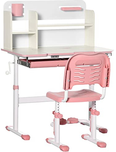 HOMCOM Set Scrivania e Sedia per Bambini Regolabili, Tavolo per Bambini Inclinabile a 60° con Cassetto, Ripiani e Portapenne, Età 3+ Anni, Rosa
