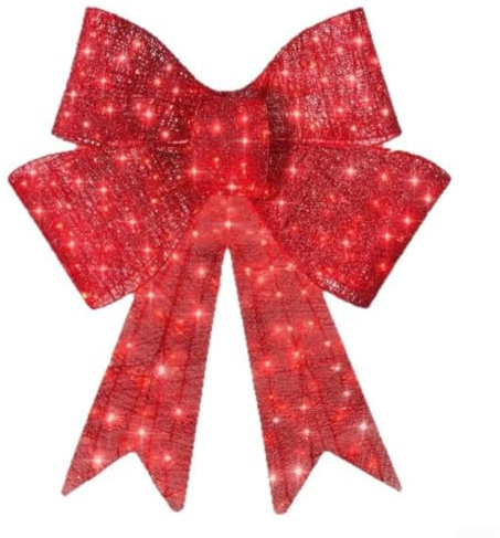 24in Pre Lit XL Christmas Bow Decoration With LED Lights For Outdoor Yard Holiday Display Weather Resistant For Front Yard And Porch