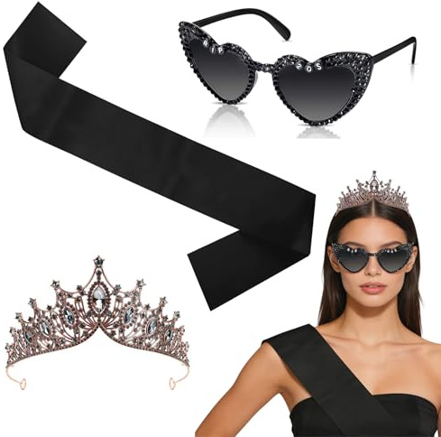 Zosutetoxo Set Compleanno 30 Anni per Donne, Fascia Corona Occhiali da Sole Accessori Decorazioni Satinato Nero Oro RIP to My 20s Festa a Tema Regalo