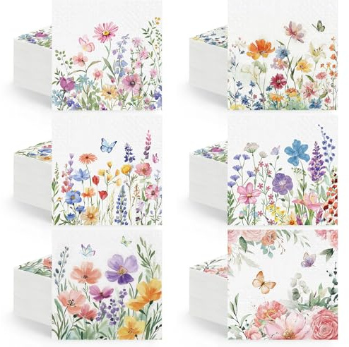 Feifeiya 150 Pcs 5 x 5 Inches Spring Wildflower Floral Paper Napkins for Decoupage Disposable Cocktail Napkins Decorative Guest Hand Paper for Spring Picnic Bathroom Wedding Shower Birthday Tea Party