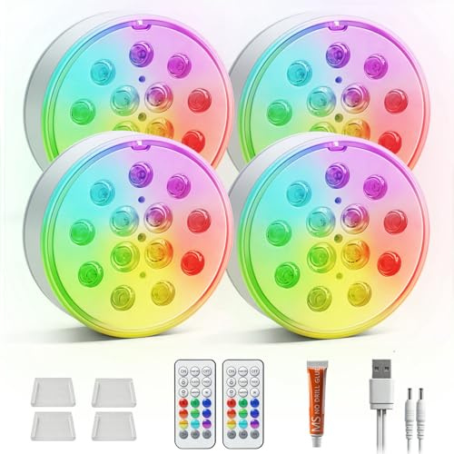 4 Pack Rechargeable Submersible Lights,RGB with Remote Control Waterproof | 16 Color Changing Underwater Lighting,Pool Light,Puck Lights for Above Ground Pool, Pond, Bathtub, Vase Decor