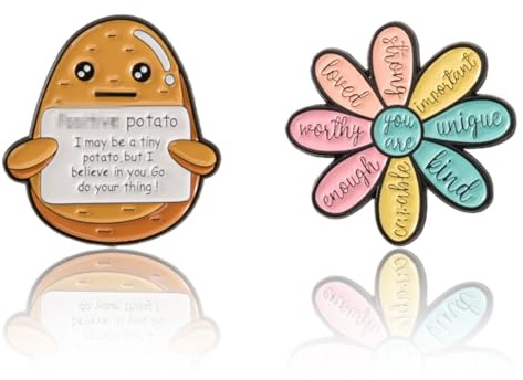 Wasise Positive Flower Potato Enamel Pins - 2PCS Cute Cartoon Badges with Funny Words, Alloy Brooch, Versatile Decor Pin Badge for Lanyards Bags Clothes, Positive Inspiration Gift for Women Friends