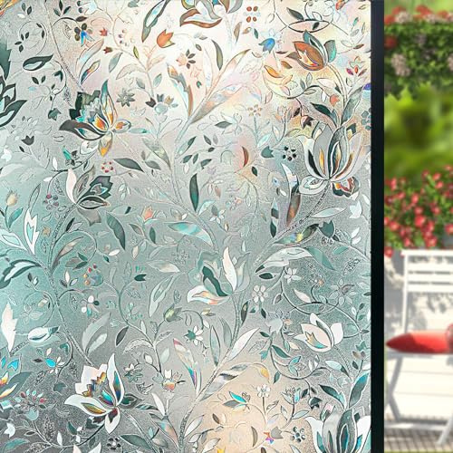 Rainbow Privacy Window Film Stained Glass Tulip Pattern 35.4 X 157.5, Shackcom 3D Decorative Window Stickers Static Cling - Heat Control Anti UV and Decorate Your Door Window and Glass