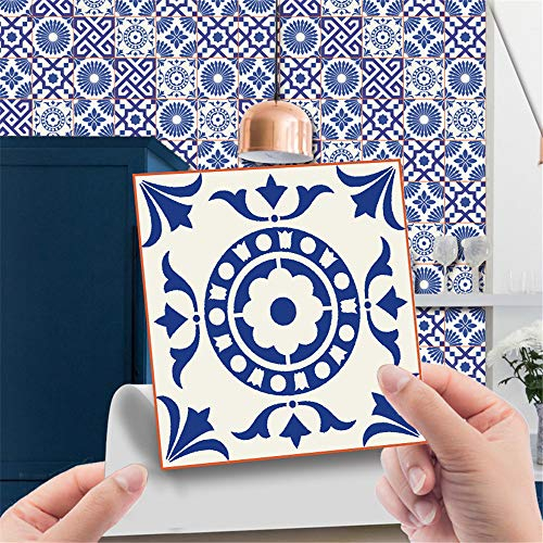 Hiser Adesivi per Piastrelle da Cucina Stile Marocchino retrò di Lusso 24 Pezzi Impermeabile Adesivo da Parete Autoadesivo Decorativo per Cucina Bagno Decorazioni Casa (Blu,10x10cm)