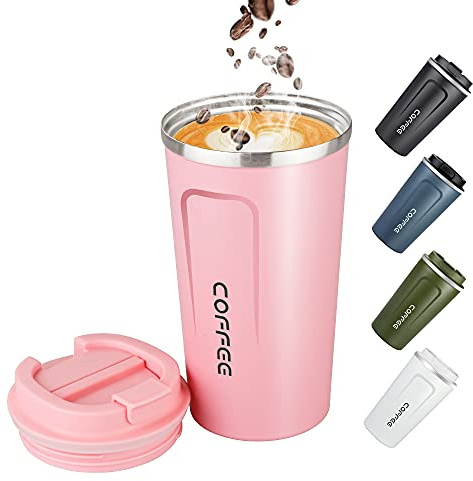 17oz (500ml) Vacuum Insulated Travel Mug, Leakproof Double Wall Stainless Steel Reusable Coffee Cup with Lid for Hot & Cold Drinks, Pink