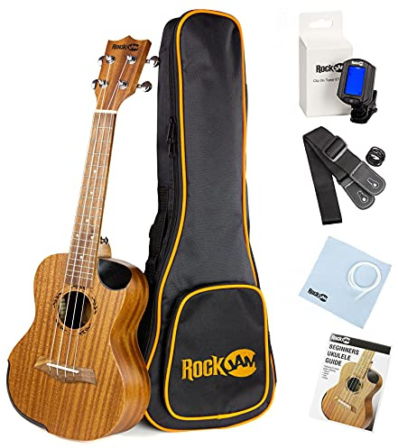 RockJam Premium Tenor-Ukulelen-Set mit Tuner, Gigbag, Gurt, Plektren und Ersatzsaiten, 4, Natur, Full (RJUK-712T-N)