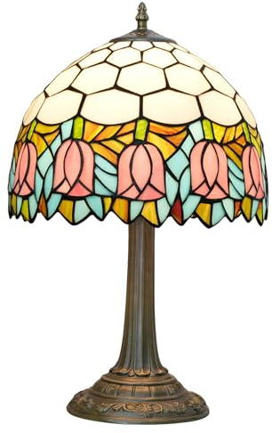 Blivuself Tiffany Lamp Stained Glass Lamp Pink Tulip Bedroom Table lamp Reading Desk Light for Bedside Living Room Office Dormitory Dining Room Decorate Housewarming Gift 12X12X18 Include Light Bulb