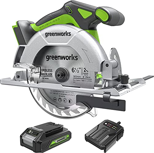 Greenworks GD24KSK2 Cordless Circular Saw, 4800 RPM, 165 mm Blade, 57mm Cutting Depth, with 2Ah Battery and Charger