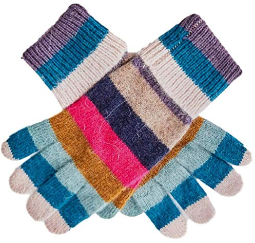 Purple Possum® Guanti blu da donna a righe lavorato a maglia rosa caldo strisce di lana angora miscela completa a righe invernali, blu, multicolore. verde acqua, rosa caldo, Etichettalia unica