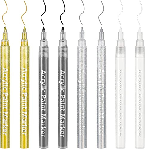 DONQL Juego de 8 Rotuladores Acrílicos de 0.7 mm, Metálicos, Permanentes, de Color Dorado, Plata, Blanco, Gris, Cristal, Brillantes Lápices de Colores para Tela Vidrio Falda Madera Piel de Cerámica