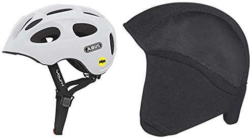 ABUS Kinderhelm Youn-I MIPS - Fahrradhelm mit Licht, Reflektoren und Aufprallschutz (MIPS) - für Mädchen und Jungen - Weiß Matt, Größe M & Winter Kit Child Fahrradhelm, Schwarz (Black), S