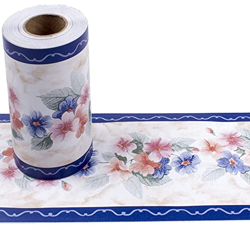 Bordüre selbstklebend Blaue Blumen 10 cm x 1000 cm zum Aufkleben für Wohnzimmer Küche Badezimmer Tapetenrahmen Abnehmbare Wasserdicht Bodenleiste Verdicken PVC Dekorative Bordüre